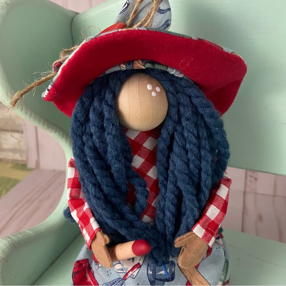Handmade 14” Kitchen Girl Gnome with Clay Rolling Pin, Bendable, Blue/Red/Green